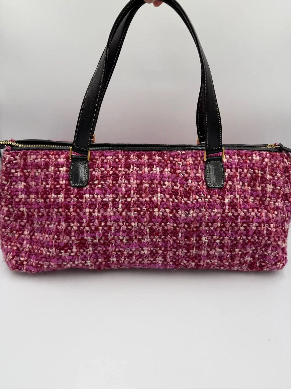 kate spade Pink Multitone Tweed Barrel Shoulder Bag with Black Handles
